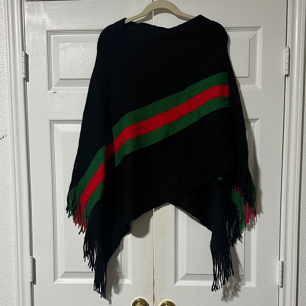 Black Poncho with Red and Green Stripes